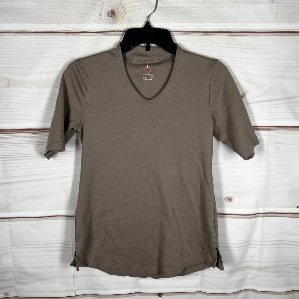 Isaac Mizrahi Live Essentials Top Womens XS‎ Brown Solid V-Neck T-Shirt Cotton